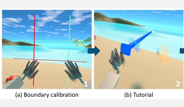 Two VR views showing hand-boundary calibration followed by a tutorial pointing toward a target.