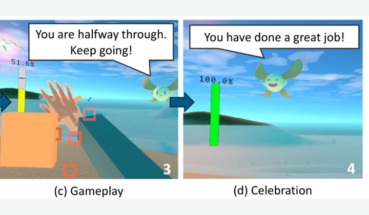 Two VR views showing active target-reaching gameplay and an end-of-level celebration.