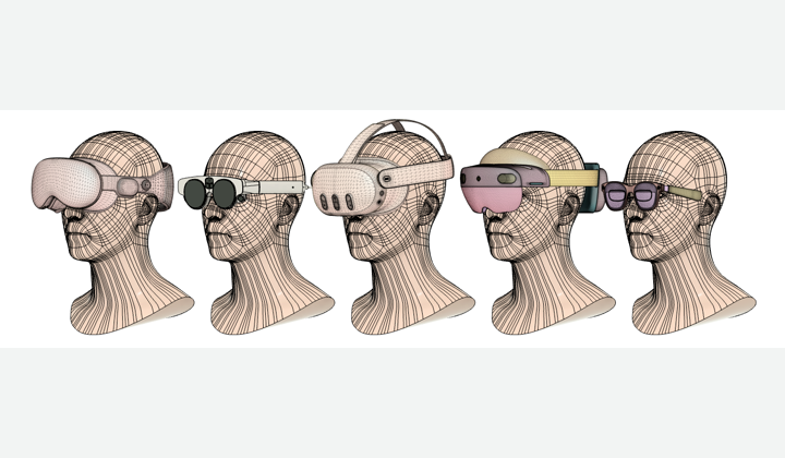 CAD lineup of five different commercial XR headsets on generic mannequin heads.