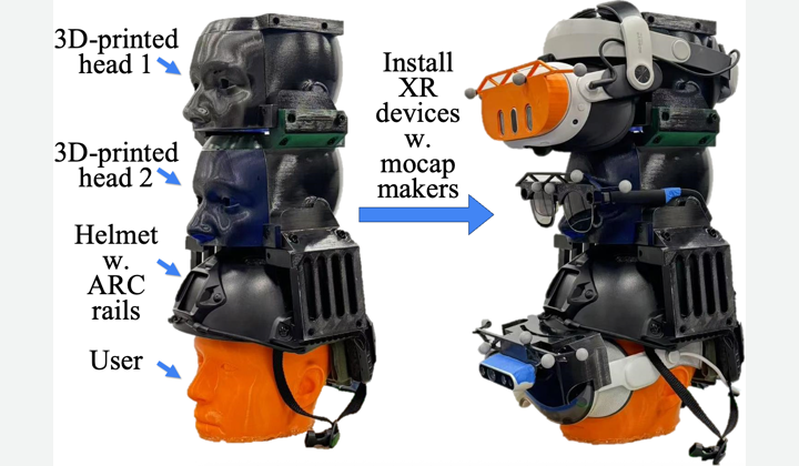 Complete ISMAR Figure 2 showing a stacked 3D-printed head and helmet rig before and after installation of multiple XR devices and motion-capture markers.